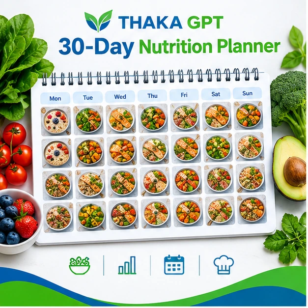 30-Day Nutrition Planner Conceptual Thaka GPT nutrition planner illustration with a meal calendar, vegetables and prepared dishes