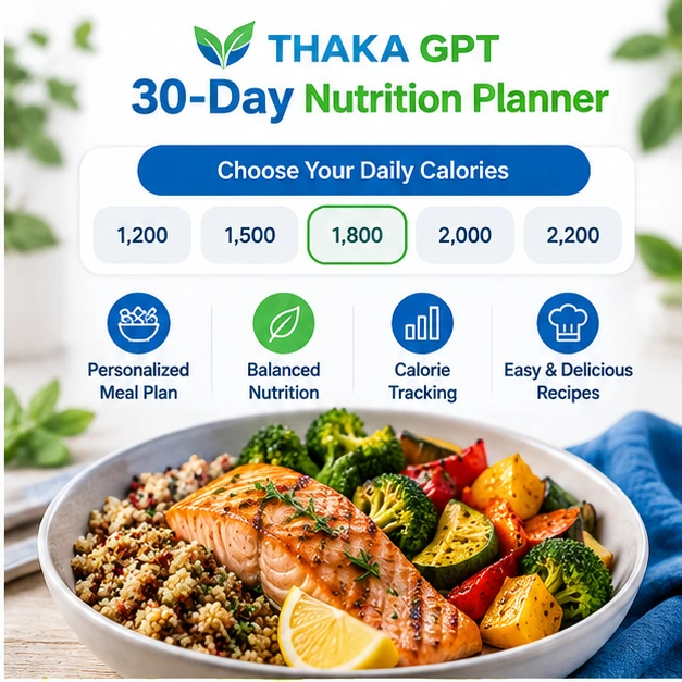 Daily Calorie Targets and Meal Planning Conceptual daily calorie choices above a salmon, grain and vegetable meal in Thaka GPT nutrition artwork